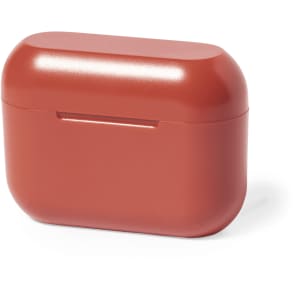 A coral-red earphone case with a smooth, glossy finish and a rounded design, featuring a subtle opening.