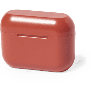 A pair of Prucky Earphones in a coral-coloured charging case with a smooth finish and rounded edges.