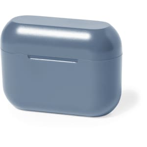 A blue charging case for Prucky Earphones, featuring a sleek design and a branding logo.