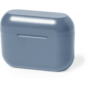 A blue earphone case with a rounded design and a simple opening mechanism, featuring a logo.