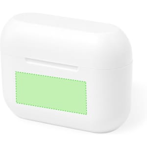 A white earphone case with a smooth design, featuring a logo on the front and a solid green area.