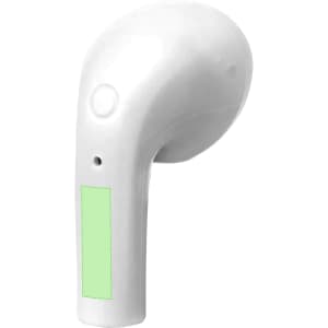 A white earphone with a green section and a logo. The design is sleek and modern, typical of wireless earbuds.