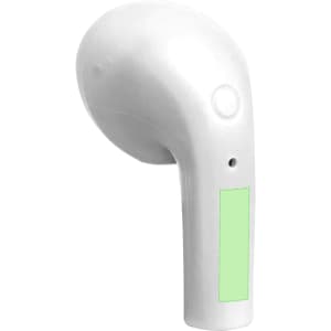 A white earphone with a smooth design, featuring a button and a branding area.