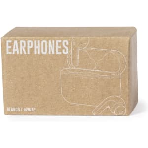 A rectangular brown box containing white earphones with an open case design. The box features a logo.