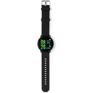 A black smart watch with a round face, featuring a vibrant green digital display and a strap with multiple holes.