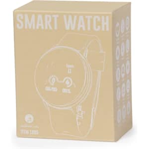 A beige box containing the Krirt Smart Watch, featuring a round face and a wristband, with a logo on it.