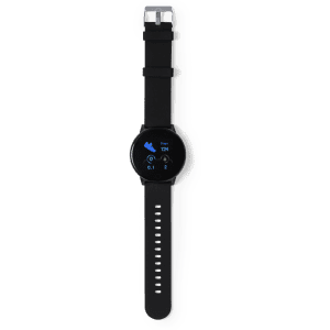 A black smart watch with a round face and a silicone strap displays various metrics on the screen.