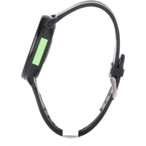 A sleek black smartwatch with a green display and a black strap, featuring a logo on the side.