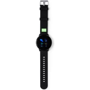 A black smart watch with a round face and a black strap, featuring a small logo on the strap.