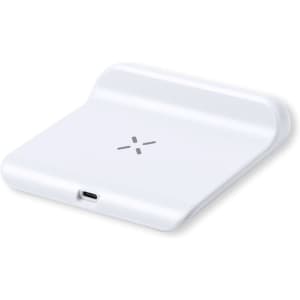 A white wireless charging pad with a minimalist design and a logo on the surface.