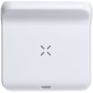 A white multifunction alarm clock featuring a sleek design and a logo on the front.