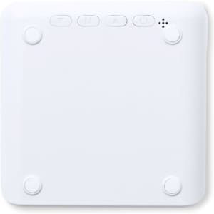A white multifunction alarm clock with buttons on the top and a smooth, square design. It features a logo on the surface.