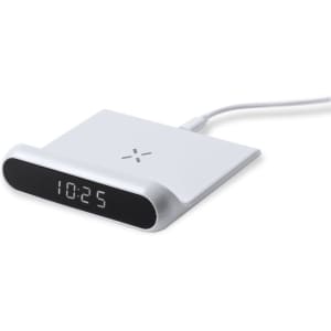 A white multifunction alarm clock wireless charger with a digital display showing the time. It has a sleek design.