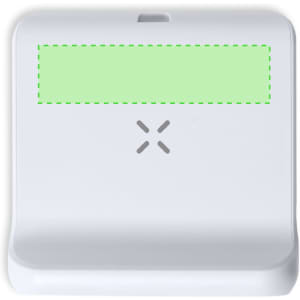 A white multifunction alarm clock with a wireless charging pad and a logo. No text or other features are visible.