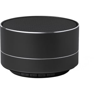 A black portable speaker with a textured top and control buttons on the base, featuring a metallic silver ring.