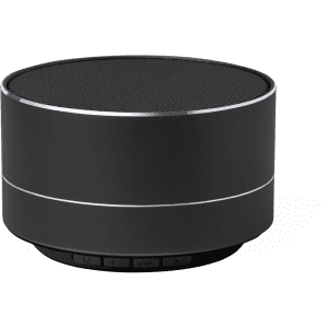 A compact black speaker with a sleek design and control buttons at the base, featuring a mesh top.