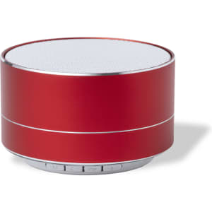 A round red portable speaker with a textured silver grille and control buttons on the base.