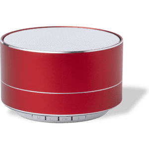 A red portable speaker with a metallic finish and a circular shape, featuring buttons on the bottom.