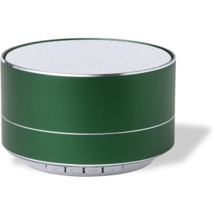 A green portable speaker with a metallic finish, featuring a mesh grille and control buttons on the base.