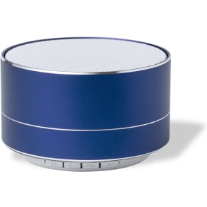 A round, blue speaker with a metallic finish and a mesh top, featuring control buttons on the base.