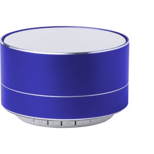 A blue portable speaker with a silver mesh top and buttons on the base. It features a logo on the side.
