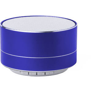 A blue portable speaker with a metal grille and buttons on the base, featuring a rounded design and branding.