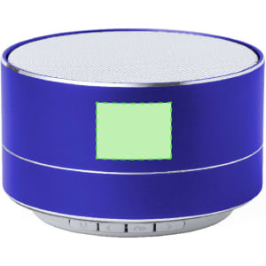 A round blue speaker with a mesh top and control buttons at the bottom, featuring a logo on the front.