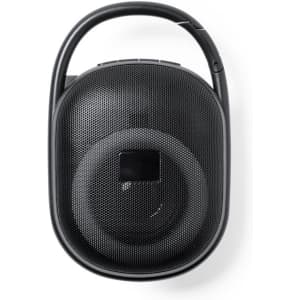A black portable speaker with a handle, featuring a textured surface and a circular speaker area.