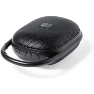 A black portable speaker with a textured surface and a handle, featuring buttons on the side.