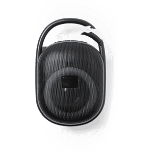 A black portable speaker with a rounded design and a handle for easy carrying, featuring a logo.