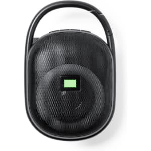 A black portable speaker with a rounded design and a carrying handle, featuring a logo on the front.