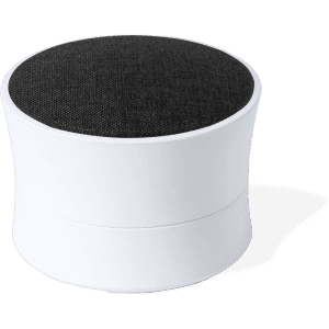 A round white speaker with a black fabric top, featuring a smooth, curved design and a logo.