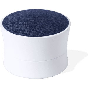 A compact round speaker featuring a white body and a blue fabric top. It has a simple, modern design.