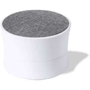 A white speaker with a textured grey fabric top, featuring a smooth, rounded design and a subtle logo.