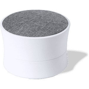 A compact white speaker with a textured grey fabric top, featuring a smooth curved design and a logo.