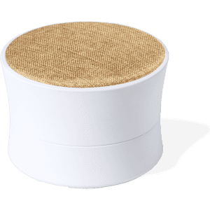 A round, white speaker with a textured tan top. It features a simple and modern design.
