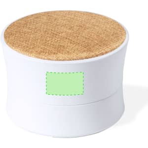A round white speaker with a textured beige top, featuring a smooth cylindrical base and a logo.
