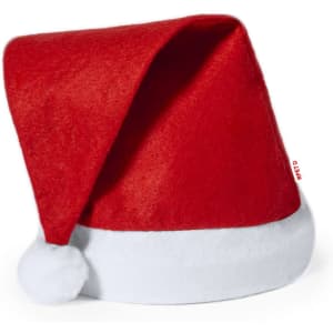 A red Christmas hat with a white trim and pom-pom, featuring a branding label.