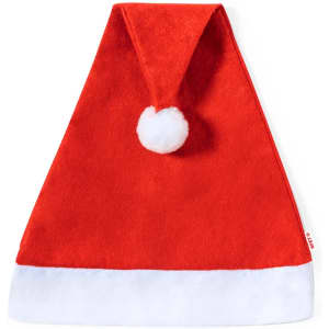 A red Christmas hat with a white hem and a fluffy white pompom at the tip. It features a logo.