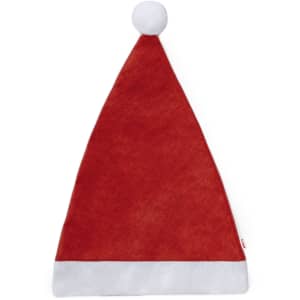 A red Santa hat with a white trim and a fluffy pom-pom on top. It has a logo on the side.