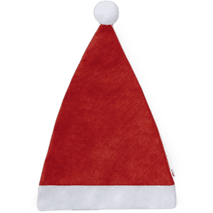 A red Christmas hat with a white band and a pom-pom on top. It features a logo on the side.