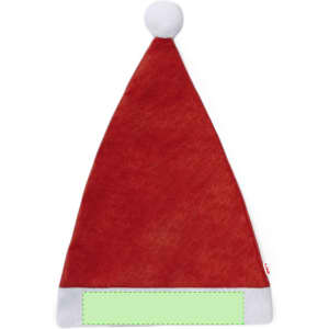 A red Christmas hat with a white brim and a pom-pom on top, featuring a blank area for customisation.