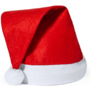 A red Christmas hat with a white band and a pom-pom on the tip, featuring a soft, felt texture.