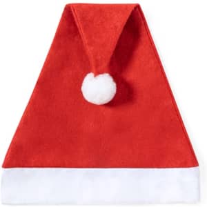 A red Christmas hat with a white brim and a fluffy pom-pom on top. It has a soft, velvety texture and features a logo.
