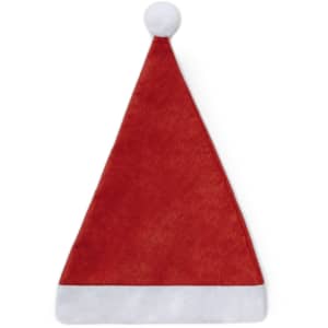 A red Christmas hat with a white trim and pom-pom at the top. The hat is plush and triangular in shape.