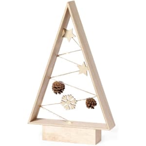 A wooden Christmas tree decoration in a triangular shape, featuring gold stars and pine cones on string.