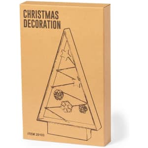 A Christmas decoration in the shape of a tree, featuring stars and ornaments, presented in a brown box with a logo.