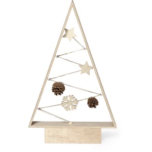 A decorative gold Christmas tree with stars and pinecones, set on a wooden base.