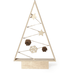 A decorative Christmas tree in wood with stars and pinecones, featuring a simple modern design.