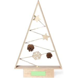 A decorative Christmas tree made of wood, featuring stars, pine cones, and a snowflake. It has a light wood finish.